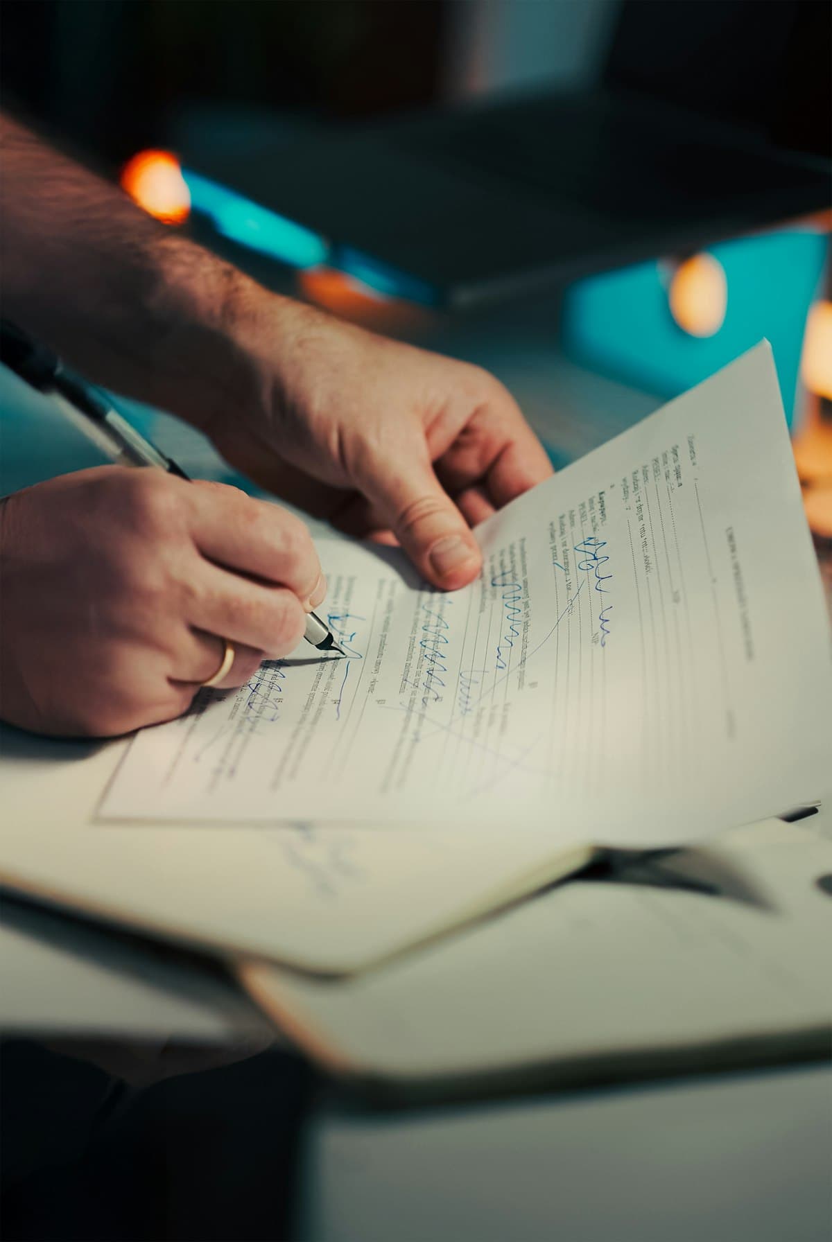 Hand signing a document, representing post-sale documentation and compliance